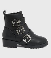 New Look Wide Fit Black Leather-Look Buckle Biker Boots